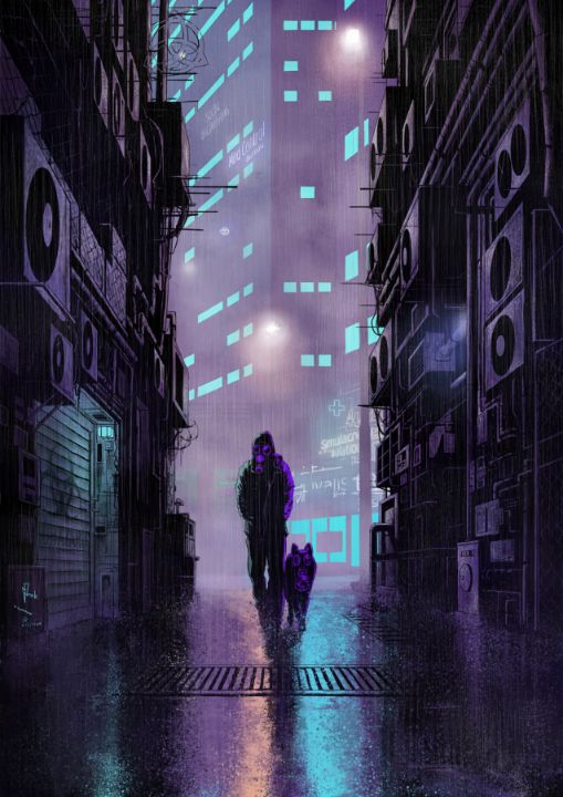 Cyberpunk streets illustration, futuristic city, dystoptic artwork