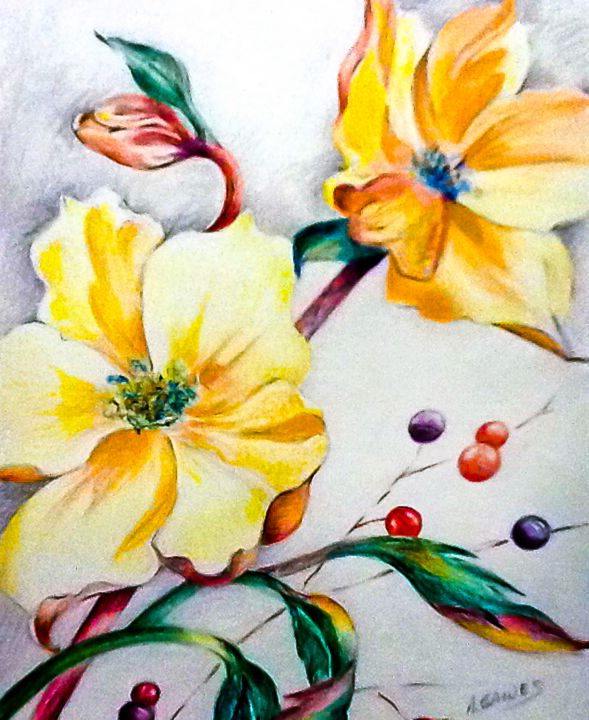 Yellow flowers and berries, painting - Shining Light Gallery