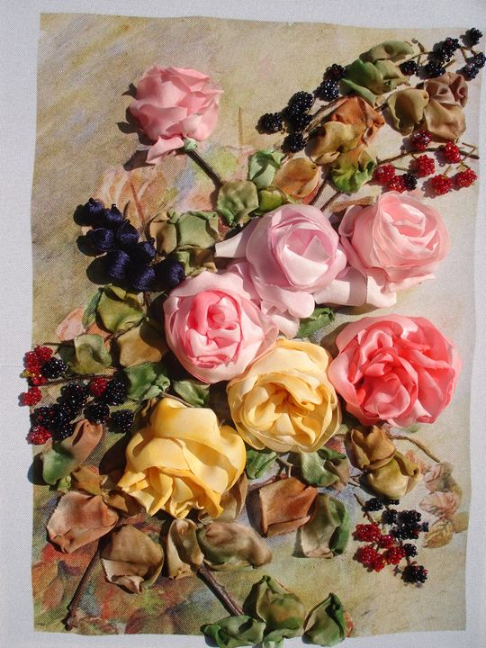English roses in silk Silk Ribbon Art Textile & Apparel, Embroidery & Tapestries ArtPal