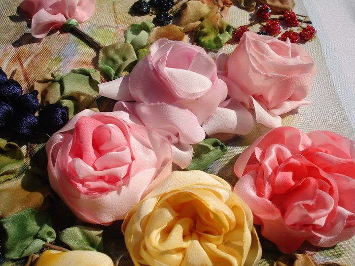 Silk English roses painting Silk Ribbon Art Textile & Apparel, Embroidery & Tapestries ArtPal