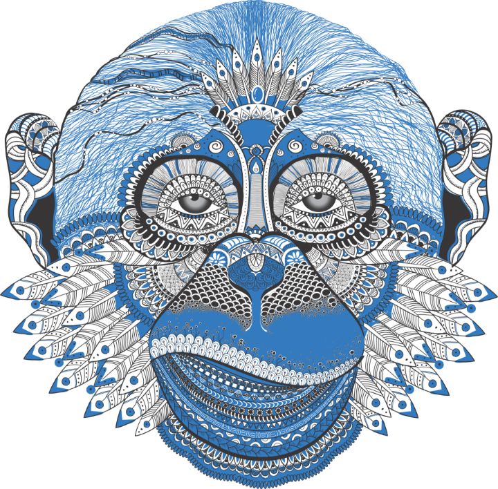 mandala monkey face - Blue Art