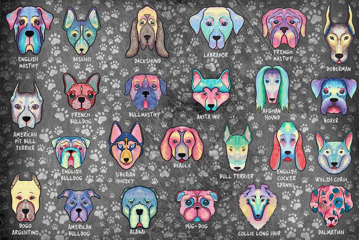 Types of Dogs Art (Dark Background) - Live Art Gifts