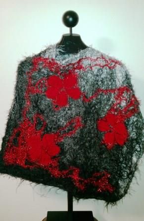 Gray, Black, Red Flower Poncho - Ona By Design