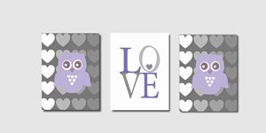 Three Lilac Gray Owl Prints