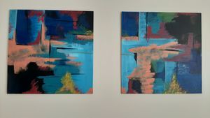 Abstract diptych of 2ft by 2ft wood.