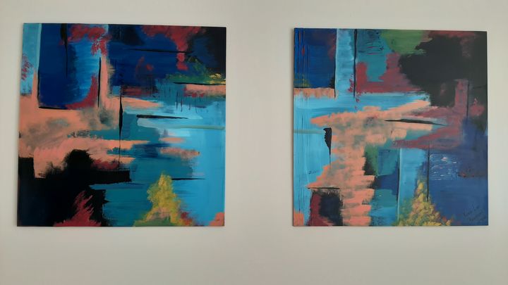 Abstract diptych of 2ft by 2ft wood. - Renee