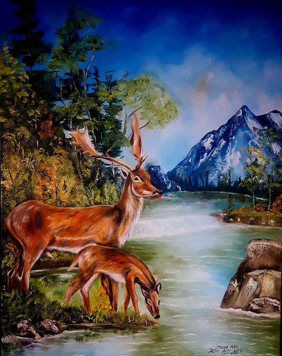 painting of deer drinking water