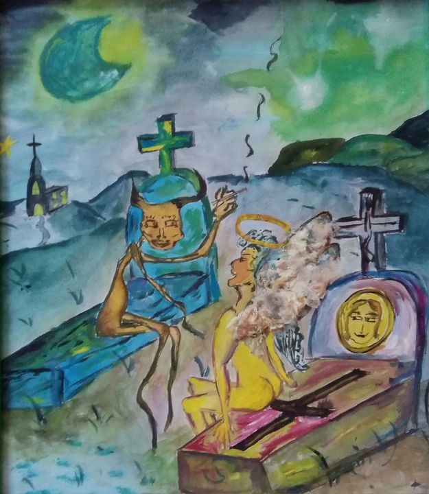 Cemetery Chat Renata Maroti Paintings Prints Fantasy Mythology Magical Devils Demons Artpal