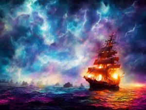 beautiful pretty ship sailing in thu - Hidden Path Art