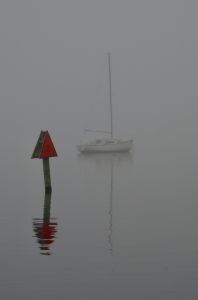 Red Channel Marker in a Foggy Marina - RMB Photography