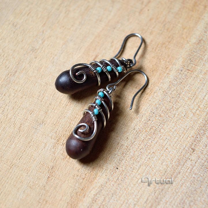 Wire wrapped dangle wooden earrings - Aniko Hencz art - Jewelry, Earrings -  ArtPal
