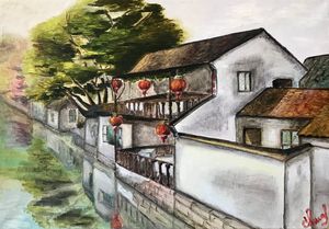 CHINESE VENICE Zhouzhuang, oil art - The Swan