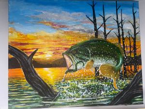 New Largemouth Bass Jumping Painting Print on Framed Canvas