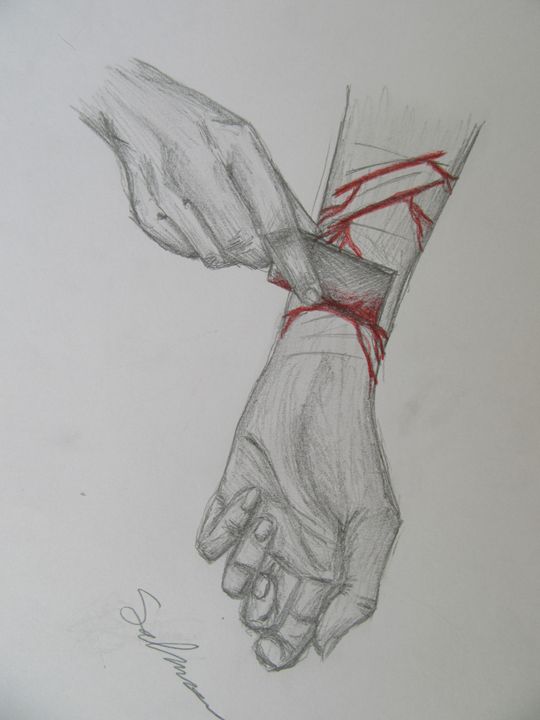 hand drawn Human hand helps a sad lonely woman to get rid of depression. A  young unhappy girl sits and hugs her knees. The concept of support and care  for people under