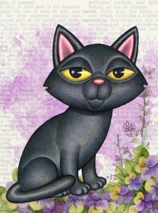 Cute Black Kitty Cat purple flowers