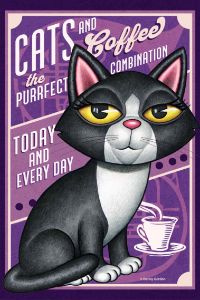 Cute Kitty Cat and Coffee in purple