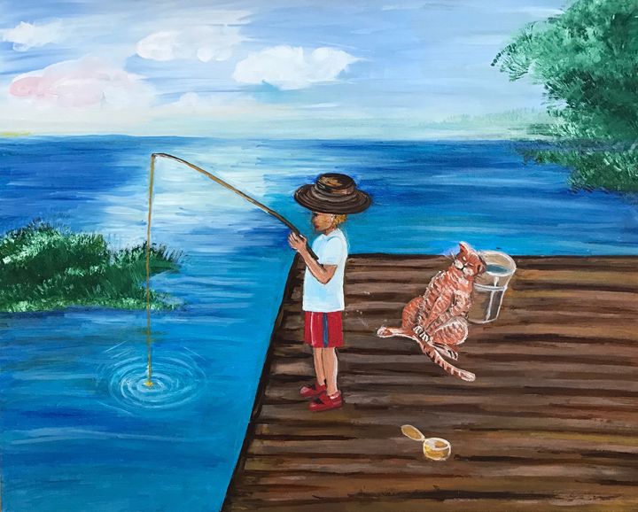 Boy is fishing, cat is sleeping - Alina Morozova - Paintings