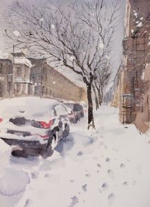 Watercolor cityscape snow