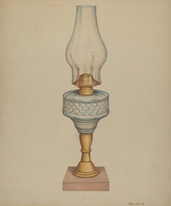 Vintage gold brass table lamp with shade printed with flemish painted -  Ruby Lane