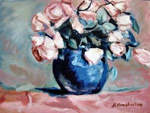 Pink Roses in Blue Vase