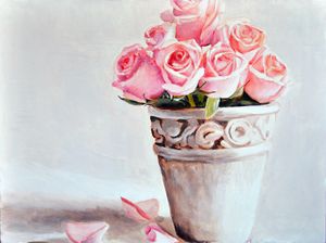 Pink Roses in Clay Vase