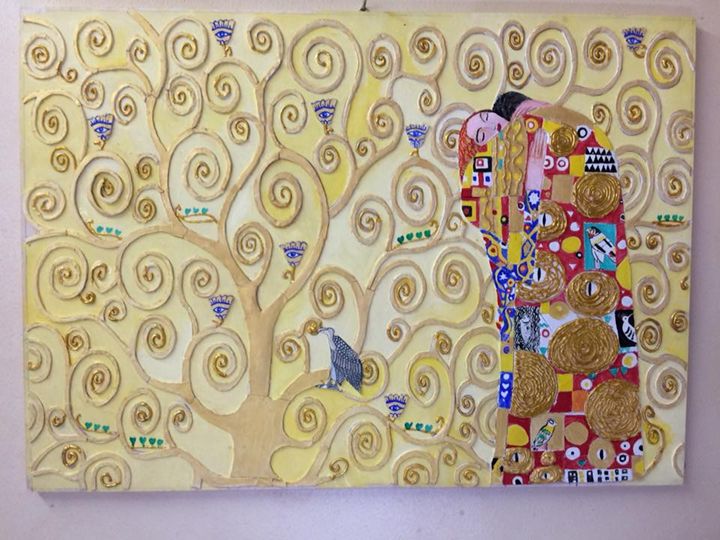 the kiss(mosaic) - oil painting,wood burning and mosaic