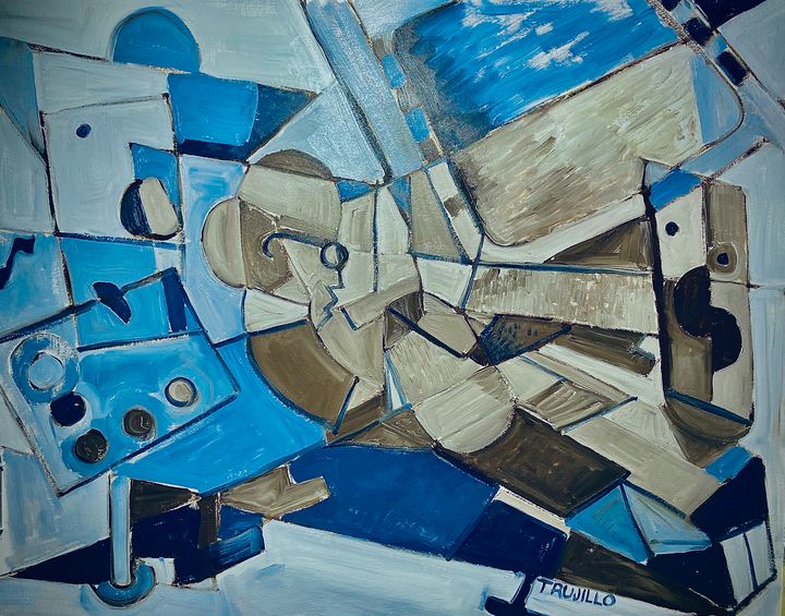 Abstract Cubist film editor in Blue - Phillip Trujillo Art