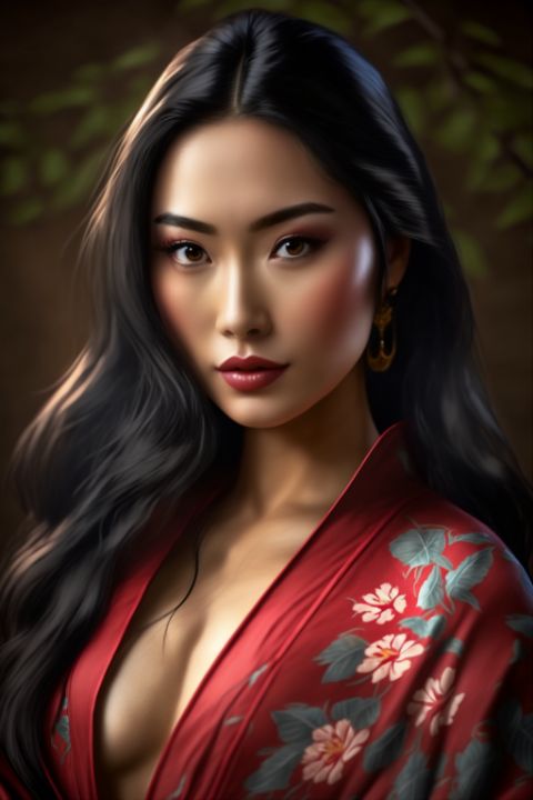 Beautiful woman wearing a red kimono - AHC Louis E Danhoff - Digital Art,  Fantasy & Mythology, Fantasy Men & Women, Other Fantasy Men & Women - ArtPal