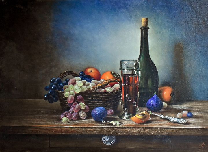 basket with grapes m bottle of wine - Alex Bond - Paintings & Prints ...