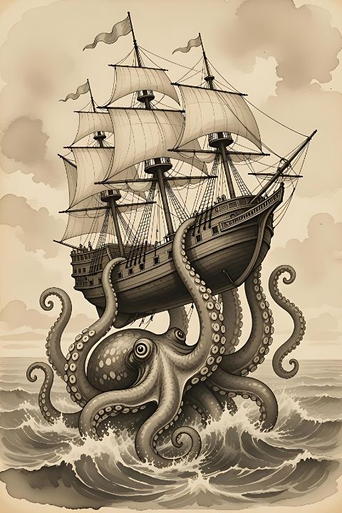 Giant octopus attacking sailing ship - alexzel - Paintings & Prints ...