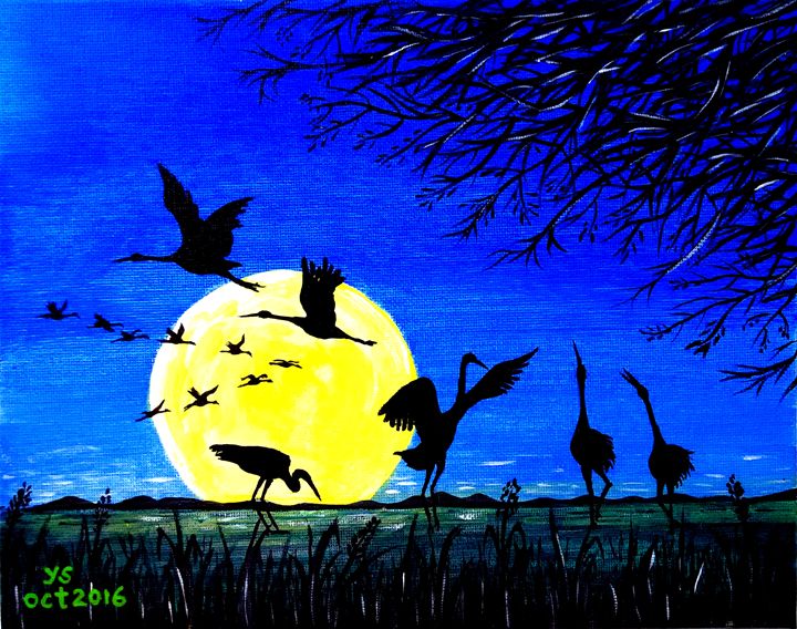 Cranes In Moonlight Ys Gallery Paintings Prints Animals Birds Fish Birds Crane Stork Artpal