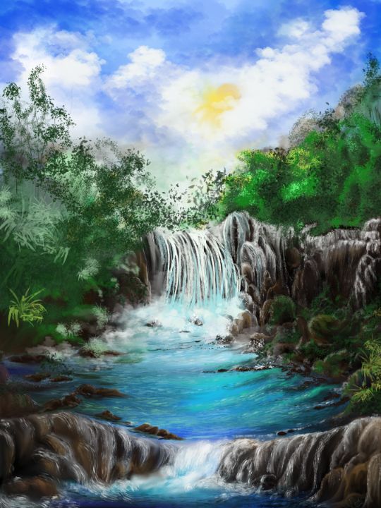 Enchanted waterfall - Art by Juie - Paintings & Prints, Landscapes