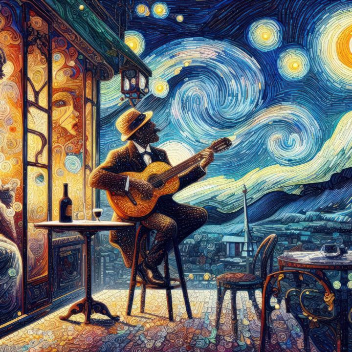 A Starry Night's French Cafe Music - New World - Digital Art & AI