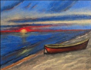Art painting Rowboat sunset ocean