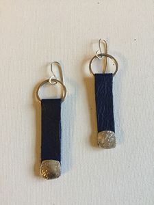 Navy Leather & Fine Silver Earrings