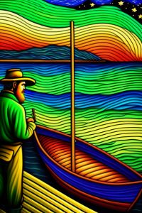 Color line drawing of fisherman