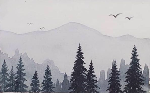 Watercolor landscape misty mountain - Strokes in time