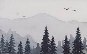 Watercolor landscape misty mountain