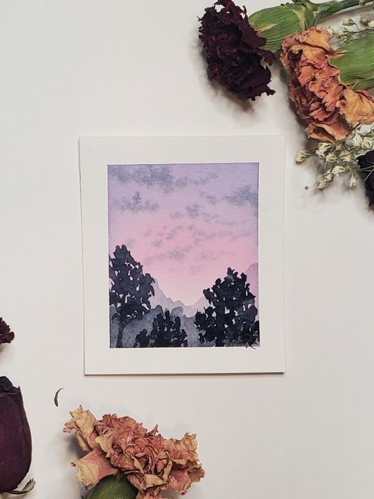 Pink sunset cloudy forest mini scene - Strokes in time