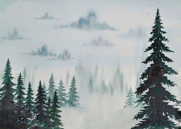 Misty forest watercolor scene - Strokes in time