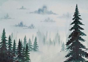 Misty forest watercolor scene