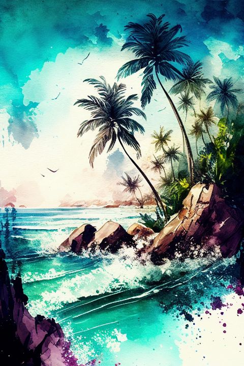 Watercolor Tropical Island - AdorableArt - Digital Art & AI, Abstract ...