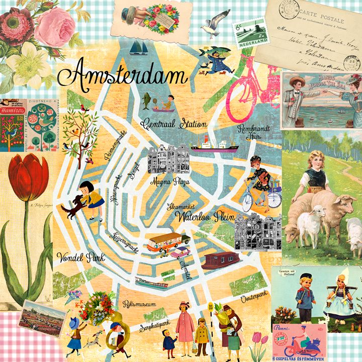 Amsterdam Map Collage Greennest Paintings Prints Places Travel Europe Netherlands Artpal