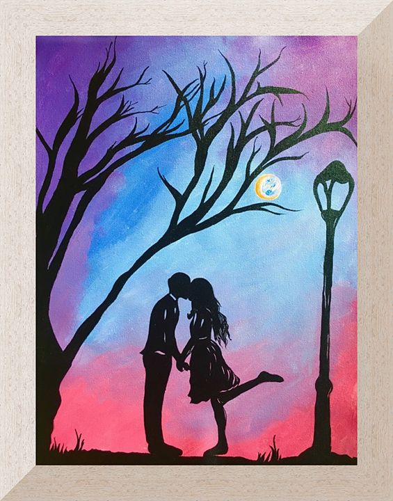 silhouette couple kissing painting
