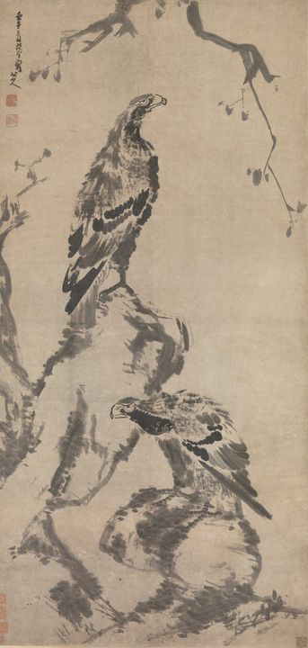 Bada Shanren~清 朱耷 (八大山人) 二鷹圖 軸Two ea - Old master image