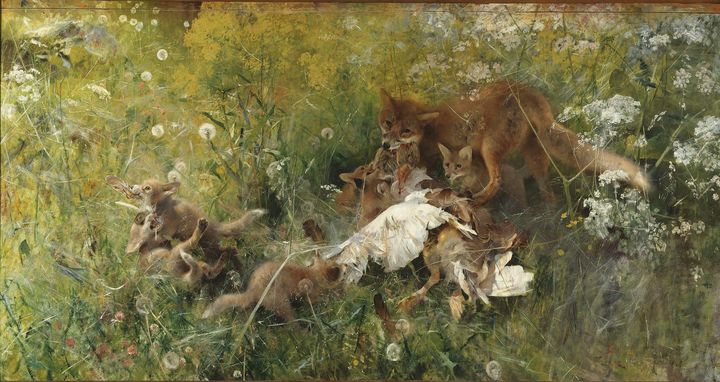 Bruno Liljefors~A Fox Family - Old master image