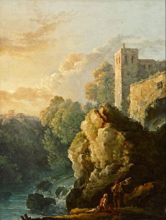 Carlo Bonavia~Castle and Waterfall - Old master image