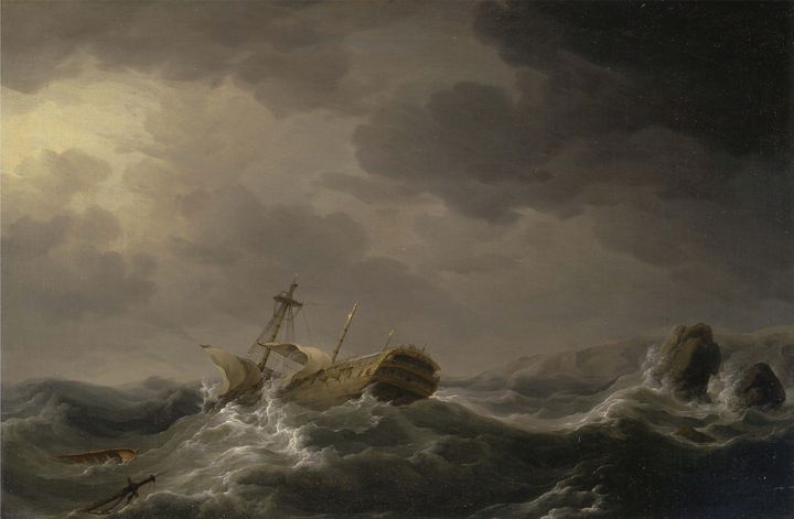 Charles Brooking~Ship wrecked on a r - Old master image