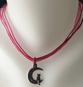 Cat & Half Moon Ribbon Necklace