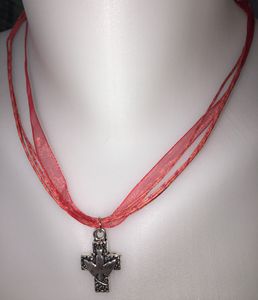 Cross & Dove Red Ribbon Necklace